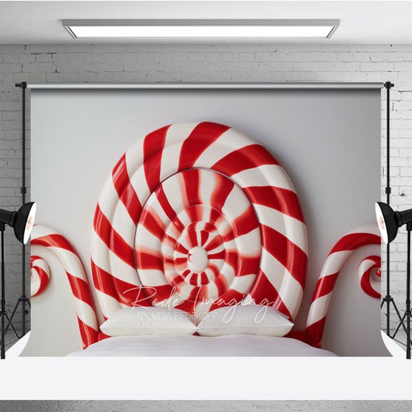 Aperturee Candy Cane Headboard Photography Backdrop, Red and White Swirl Lollipop Bed, Christmas Candyland Photo Prop, 3x