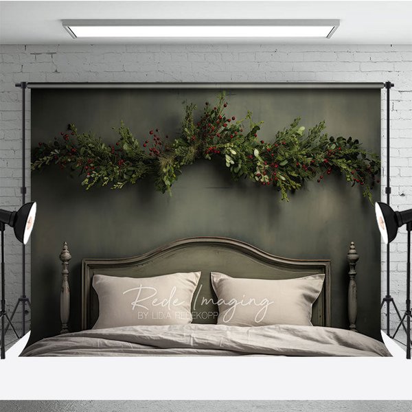 Aperturee Minimalist Christmas Headboard Photography Backdrop, Simple Greenery Garland, Rustic Farmhouse Bedroom Photo Prop, 3x