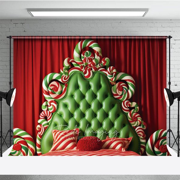 Aperturee Whimsical Christmas Headboard Photography Backdrop, Green Tufted Bed with Candy Canes, Candyland Photo Prop, 3x