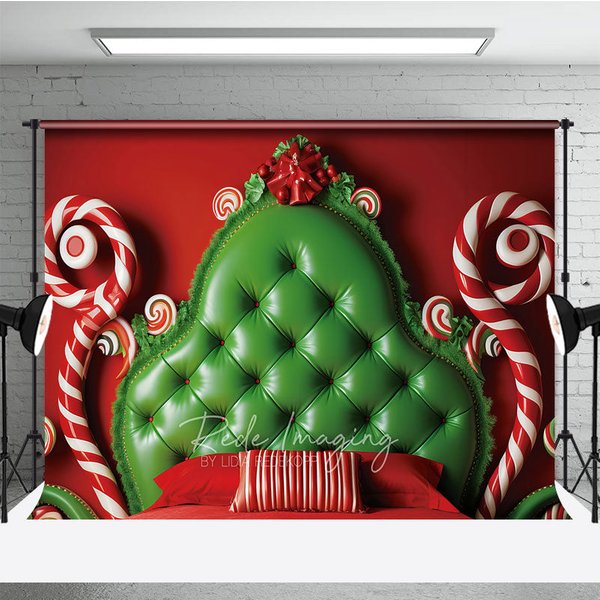 Aperturee Whimsical Christmas Headboard Photography Backdrop, Red and Green Tufted Bed, Candyland Themed Photo Prop Decor, 3x