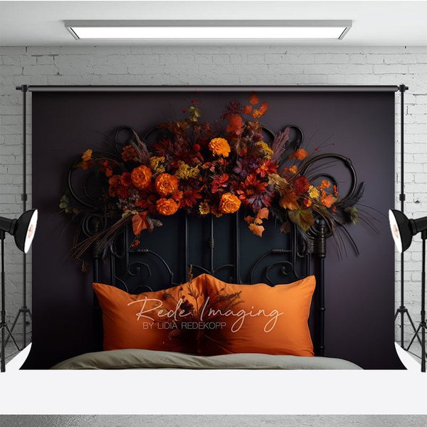 Aperturee Vintage Black Headboard Photography Backdrop, Moody Autumn Floral Arrangement, Dark and Romantic Fall Photo Prop, 3x