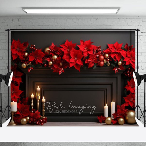 Aperturee Elegant Christmas Fireplace Photography Backdrop, Black Mantel with Red Poinsettias, Holiday Studio Photo Prop, 3x