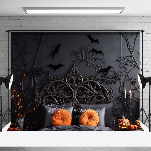 Aperturee Spooky Halloween Headboard Photography Backdrop, Gothic Bed with Black Branches and Bats, Moody Bedroom Photo Prop, 3x