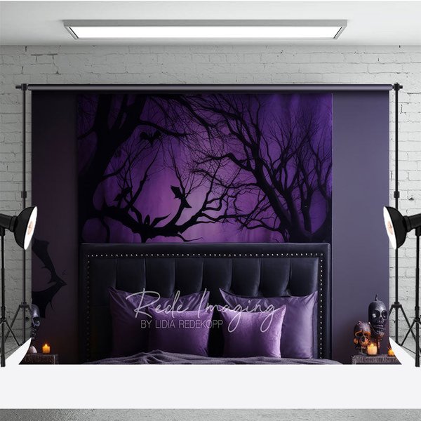 Aperturee Spooky Forest Wall Art Photography Backdrop, Purple Halloween Scene with Bats, Dark Moody Bedroom Photo Prop, 3x