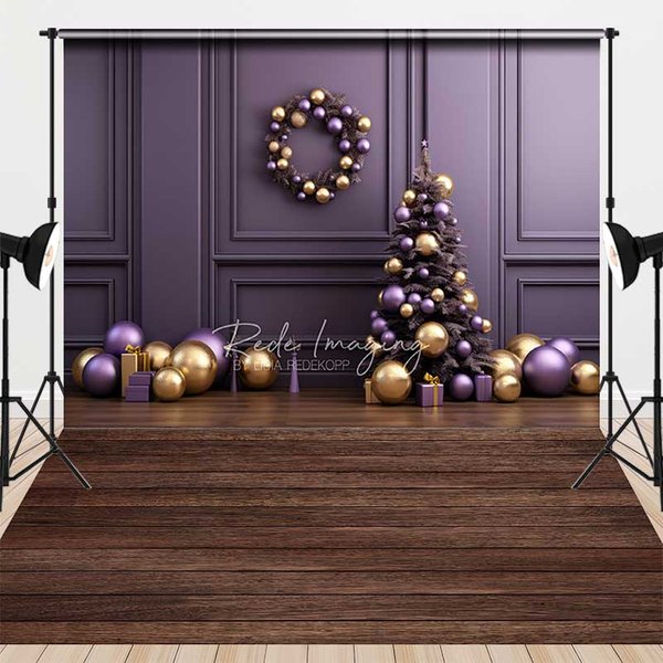 Aperturee Elegant Christmas and Floor Combo Set Backdrop, Purple and Gold Ornaments with Xmas Tree, Holiday Photo Prop, 7 x 5 ft / 7 x 5 ft, 97.4 US