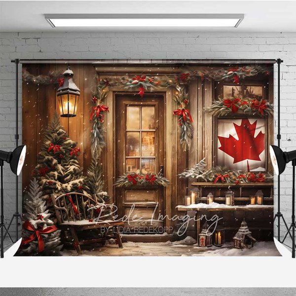 Aperturee Rustic Canadian Christmas Photography Backdrop, Wood Cabin with Maple Leaf Flag, Snowy Winter Holiday Photo Prop, 3x2ft (WxH), 14 USD, chr