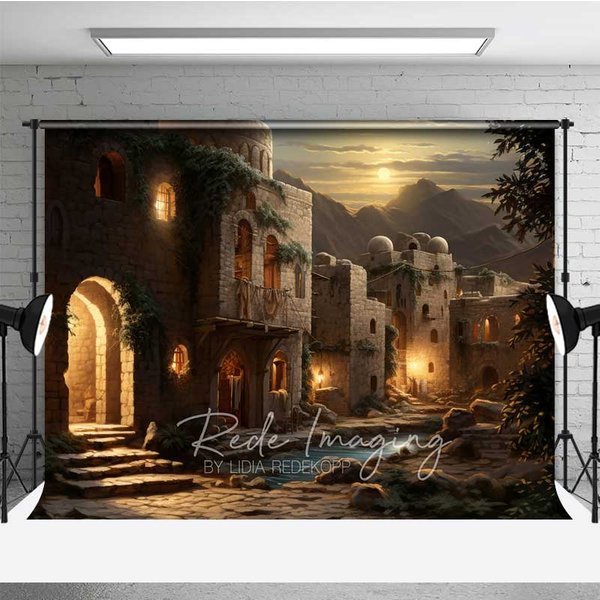 Aperturee Ancient Middle Eastern Village at Night Photography Backdrop, Old Stone Buildings with Lanterns, Biblical Prop, 3x2ft (WxH), 14 USD, archi