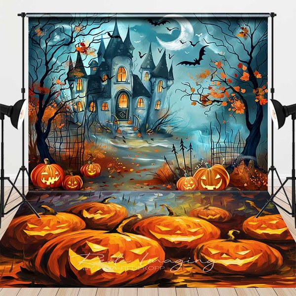 Aperturee Haunted Castle on Halloween Night Combo Set Backdrop, Spooky Pumpkins on Floor, Cartoon Horror Photo Shoots, 7 x 5 ft / 7 x 5 ft, 97.4 USD