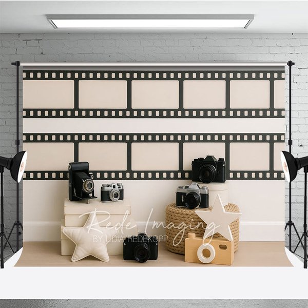 Aperturee Vintage Camera and Film Strip Photo Backdrop, Movie Night Photography Background for Studio