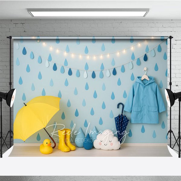 Aperturee Blue Raindrop and Raincoat Photo Backdrop, April Showers Baby Shower Photography Background
