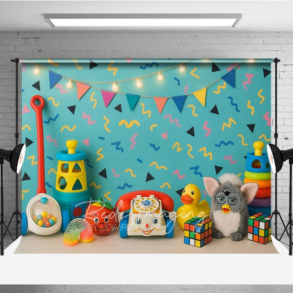 Aperturee Retro 90s Toys and Pattern Photo Backdrop, I Love the 90s Birthday Photography Background