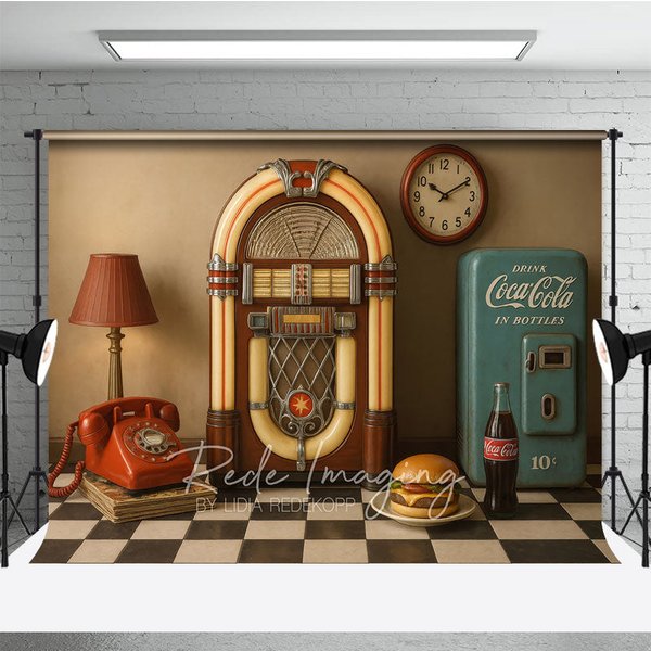 Aperturee 1950s Retro Diner Photography Backdrop, Jukebox and Vintage Soda Machine Photo Background Props