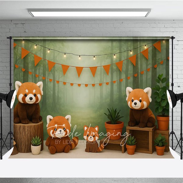 Aperturee Forest Red Panda Photography Backdrop, Misty Woodland and Orange Bunting Photo Background Artistic