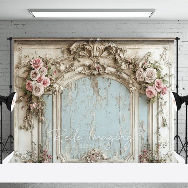 Aperturee Vintage French Carved Wall Photography Backdrop, Shabby Chic Pink Floral Photo Background Studio