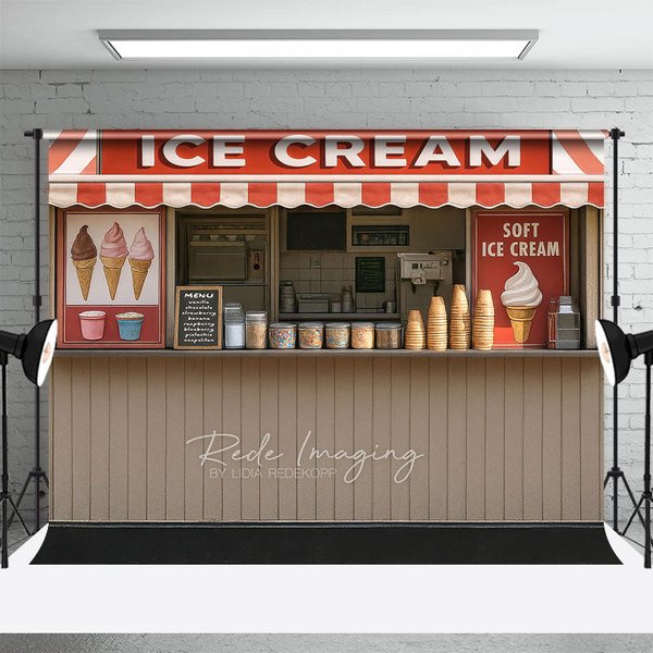 Aperturee Summer Red Beige Ice Cream Shop Photography Backdrop, 3X2FT(1MX0.6M), 14 USD, birthday cake smash backdrops, LRHD8K15-M