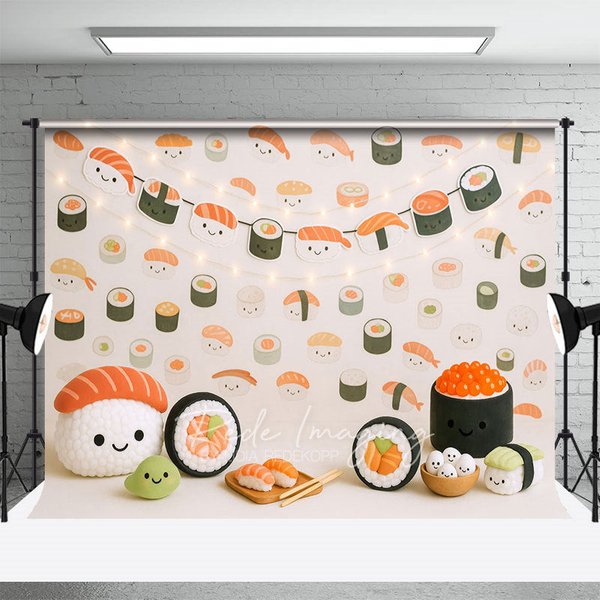 Aperturee Lighted Cute Sushi Wall Birthday Cake Smash Backdrop, 3X2FT(1MX0.6M), 14 USD, birthday cake smash backdrops, LRHD8K26-M
