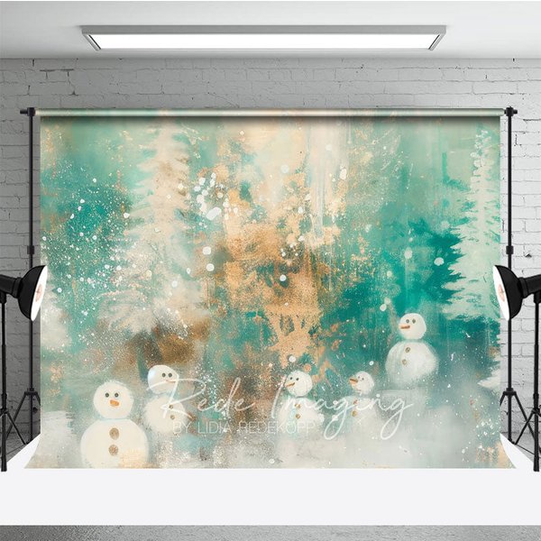 Aperturee Abstract Snowman Photography Backdrop, Painterly Winter Forest in Teal and Gold, Whimsical Christmas Decor, 3x2ft (WxH)