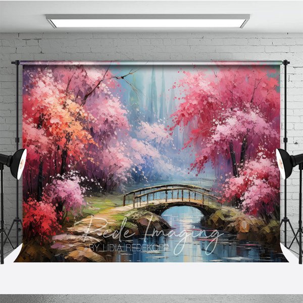 Aperturee Spring Pink Blossom Bridge Fine Art Backdrop, Painted River Landscape Studio Background