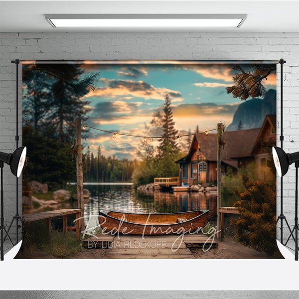 Aperturee Lake Sunset Wooden Canoe Photography Backdrop, Rustic Cabin and String Lights Studio Background