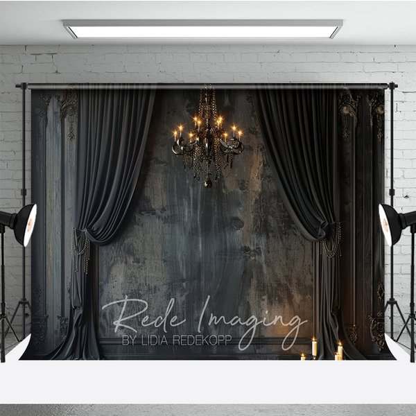 Aperturee Dark Abstract Texture Photography Backdrop, Vintage Chandelier Black Curtains Studio Portrait Background