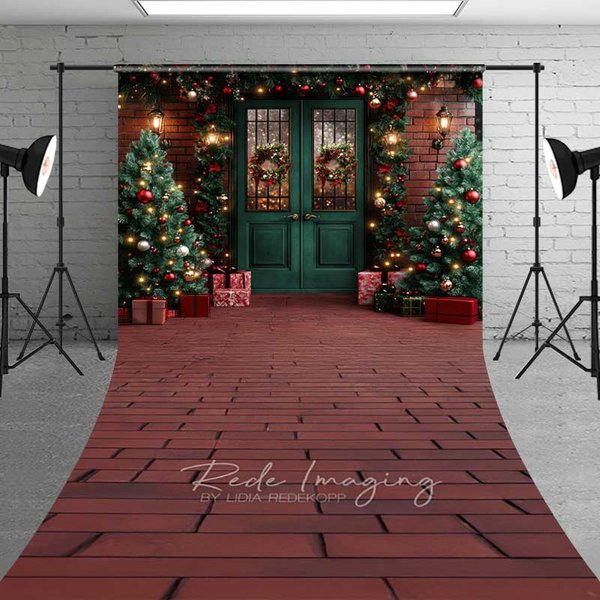 Aperturee Traditional Christmas Porch Sweep Backdrop, Green Double Door Red Brick Wall Trees Floor Photo Background, Studio Set