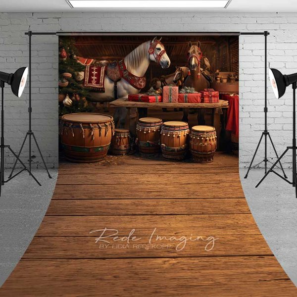 Aperturee Rustic Barn Christmas Sweep Backdrop, White Horse Drums Wooden Floor Stable Interior Photo Background, Storytelling