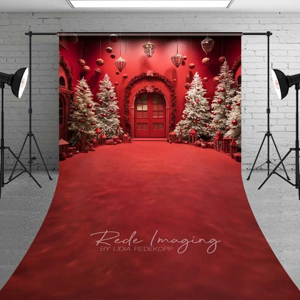 Aperturee Vivid Red Christmas Room Sweep Backdrop, White Flocked Trees Arched Door Red Floor Photo Background, Color Studio