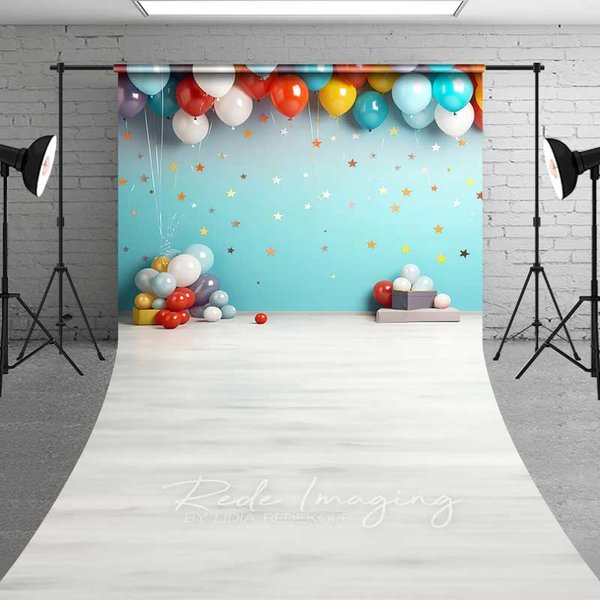 Aperturee Cake Smash Sweep Photography Backdrop with Colorful Balloons and Stars, Teal Wall with Light Wood Floor Studio Photo Prop, 5x7ft (WxH)