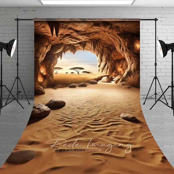 Aperturee Cave Entrance Sweep Photography Backdrop with Floor, View of African Savanna, Nature Scenery with Acacia Trees Photo Prop, 5x7ft (WxH)