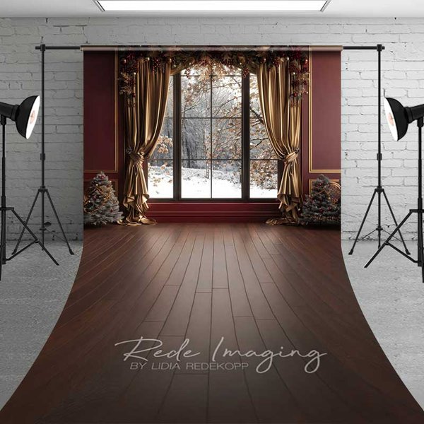 Aperturee Christmas Window Sweep Photography Backdrop with Wood Floor, Elegant Room with Snowy View, Holiday Portrait Studio Prop, 5x7ft (WxH)