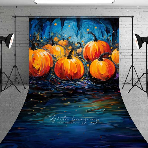 Aperturee Abstract Pumpkin Patch Oil Painting Sweep Backdrop with Floor, Moody Blue and Orange Halloween Photography Prop, 5x7ft (WxH)
