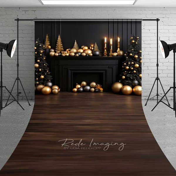 Aperturee Elegant Christmas Fireplace Sweep Photo Backdrop, Black Mantel with Gold Ornaments, Luxury Holiday Photo Prop, 5x7ft (WxH), 42 USD, sweep