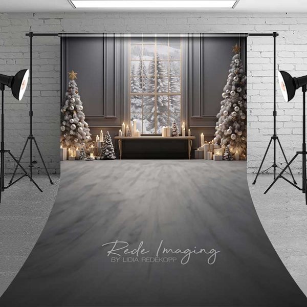 Aperturee Elegant Christmas Window Sweep Photo Backdrop, Gray Room with Snowy View and Xmas Trees, Holiday Studio Prop, 5x7ft (WxH), 42 USD, sweep b