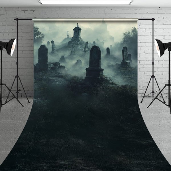 Aperturee Foggy Graveyard Sweep Backdrop, Spooky Cemetery with Tombstones, Gothic Horror Scene for Halloween Photos, 5x7ft (WxH), 42 USD, sweep back