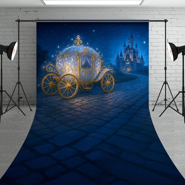 Aperturee Sparkly Princess Carriage Sweep Backdrop, Fairytale Castle on a Starry Night, Cinderella Inspired Birthday, 5x7ft (WxH), 42 USD, sweep bac