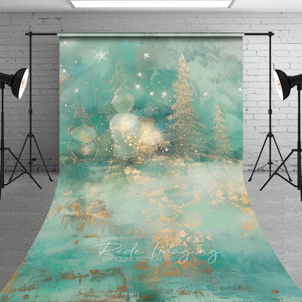 Aperturee Abstract Christmas Tree Sweep Backdrop, Gold and Teal with Bokeh Lights, Modern Fine Art Holiday Floor Drop, 5x7ft (WxH)