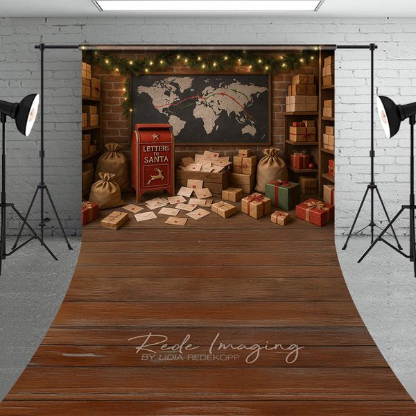 Aperturee Letters to Santa Workshop Sweep Backdrop, Christmas Mailroom with Wood Floor, Holiday Mini Session Floor Drop, 5x7ft (WxH)