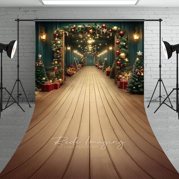 Aperturee Grand Christmas Hallway Sweep Backdrop, Elegant Garland and String Lights, Holiday Party Photo Floor Drop, 5x7ft (WxH)