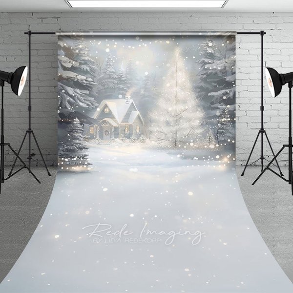 Aperturee Cozy Christmas Cottage Sweep Backdrop, Painterly Winter Snow Scene, Holiday Mini Session Photo Floor Drop, 5x7ft (WxH)