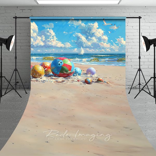 Aperturee Colorful Beach Balls Summer Photography Backdrop, Ocean Waves and Sand Sweep Portrait Studio Background