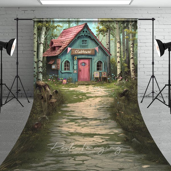 Aperturee Whimsical Forest Clubhouse Photography Backdrop, Fairy Tale Blue Cabin Stone Path Sweep Studio Background