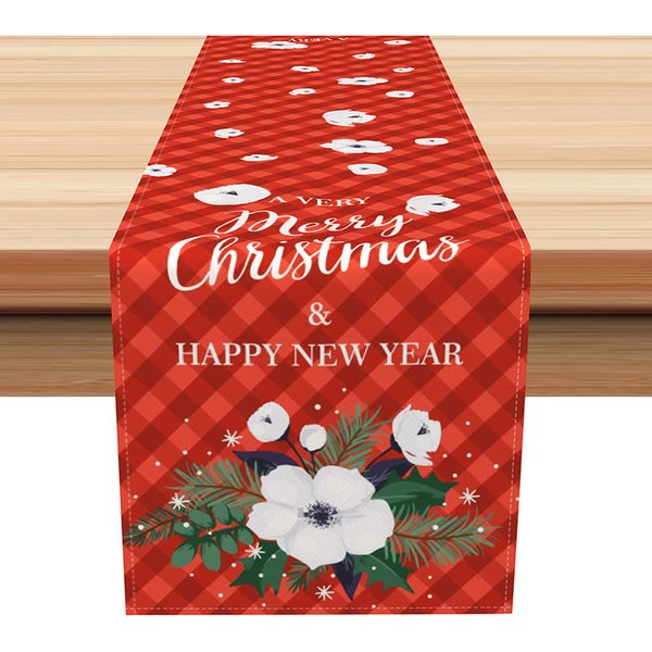 Aperturee Merry Christmas Plaid Table Runner, Red Checkered with White Floral, Farmhouse Holiday Decor, 12x72in (WxH)