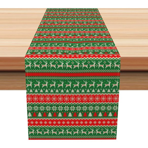 Aperturee Green Christmas Fair Isle Table Runner, "Ugly Sweater" with Reindeer, Red Holiday Dining Decor, 12x72in (WxH)