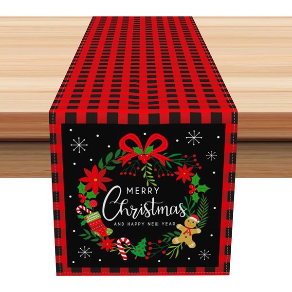 Aperturee Red Buffalo Plaid Christmas Table Runner, "Merry Christmas" Wreath, Farmhouse Holiday Dining Decor, 12x72in (WxH)