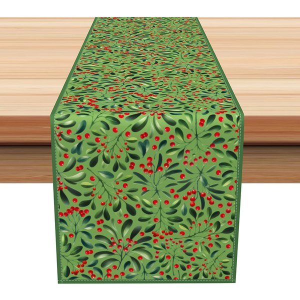 Aperturee Green Holly Berry Christmas Table Runner, Simple Botanical Print, Rustic Farmhouse Holiday Decor, 12x72in (WxH)