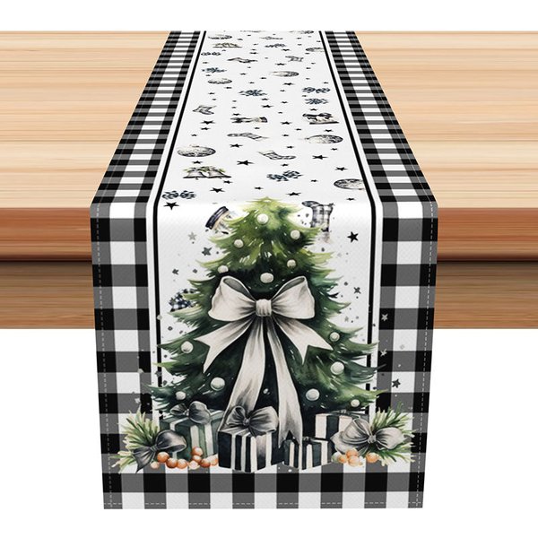 Aperturee Christmas Tree with White Bow Table Runner, Black Buffalo Plaid Border, Farmhouse Holiday Decor, 12x72in (WxH)