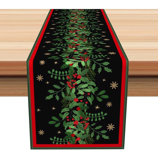 Aperturee Elegant Christmas Holly Berry Table Runner, Black with Red Border, Formal Holiday Dining Decor, 12x72in (WxH)