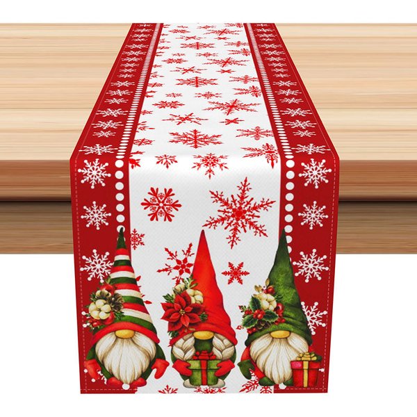Aperturee Christmas Gnomes with Red Poinsettia Table Runner, Festive Snowflake, Farmhouse Holiday Dining Decor, 12x72in (WxH)