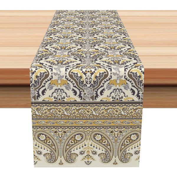 Aperturee Vintage Paisley Damask Table Runner, Grey and Yellow Ethnic Pattern, Farmhouse Dining Table Decor, 12x72in (WxH)