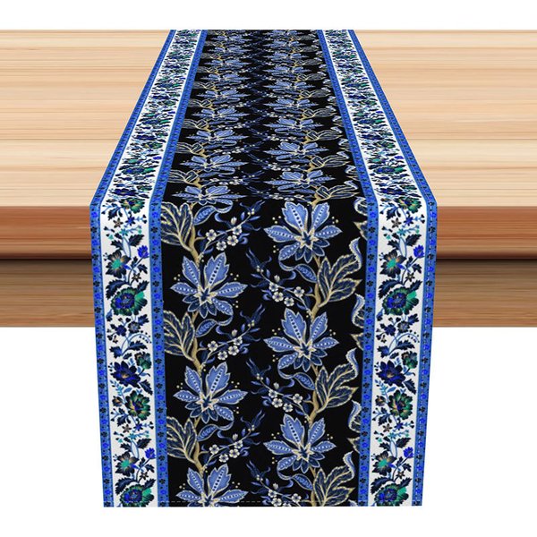 Aperturee Elegant Blue Floral Table Runner with Paisley Border, Ethnic Botanical Design for Dining Table Decor, 12x72in (WxH)
